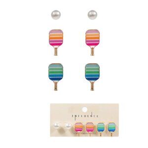 PICKLEBALL PEARL AND PADDLE STUD 3 PAIR EARRING SET